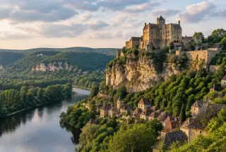 Château de Beynac perché au-dessus de la Dordogne, avec le village et les collines boisées du Périgord noir en arrière-plan.
