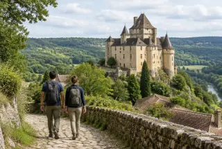 Couple de voyageurs marchant vers un château médiéval au cœur d’un paysage verdoyant du Périgord noir.